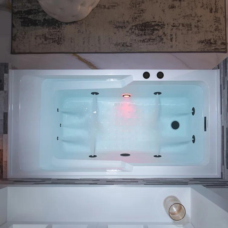 60" x 30" Whirlpool Heated Rectangular Alcove Acrylic Bathtub with Chrome/Matte Black Drain and Overflow