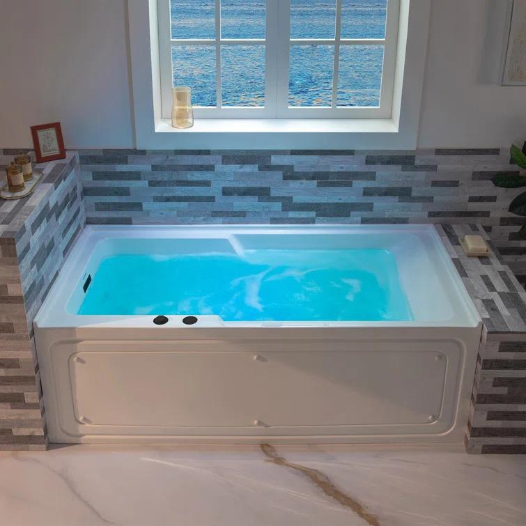 60" x 30" Whirlpool Heated Rectangular Alcove Acrylic Bathtub with Chrome/Matte Black Drain and Overflow