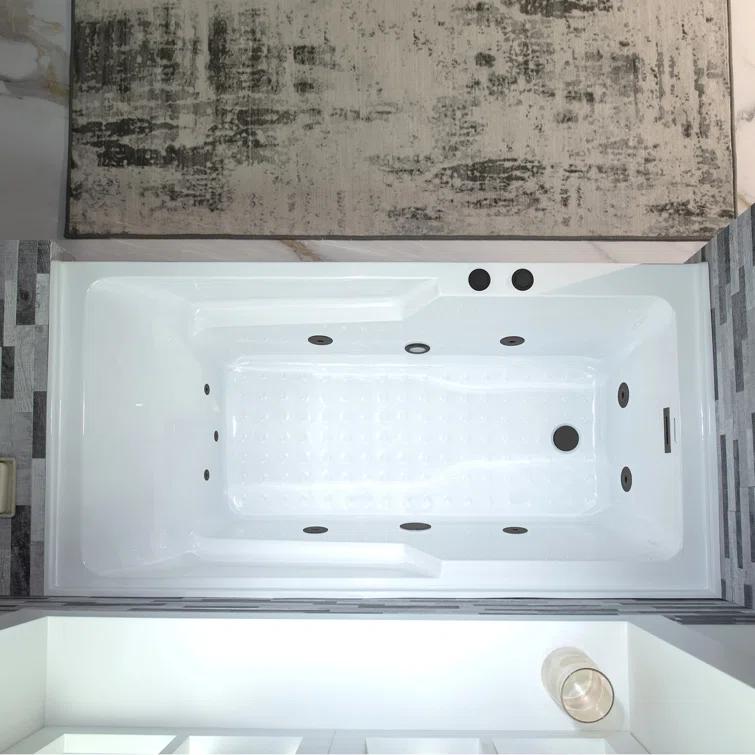 60" x 30" Whirlpool Heated Rectangular Alcove Acrylic Bathtub with Chrome/Matte Black Drain and Overflow