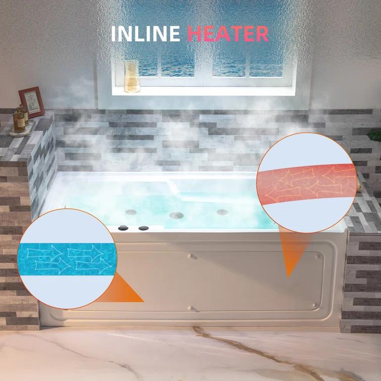 60" x 30" Whirlpool Heated Rectangular Alcove Acrylic Bathtub with Chrome/Matte Black Drain and Overflow