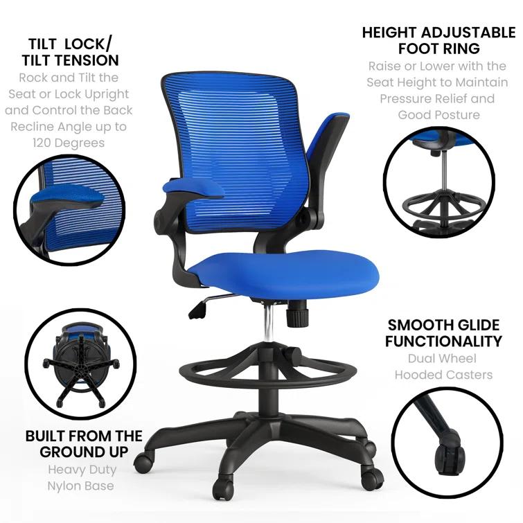 Mid-Back Mesh Ergonomic Drafting Chair with Foot Ring and Flip-Up Arms