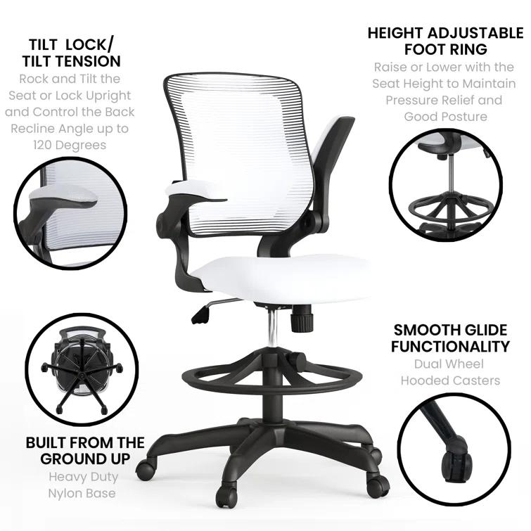 Mid-Back Mesh Ergonomic Drafting Chair with Foot Ring and Flip-Up Arms
