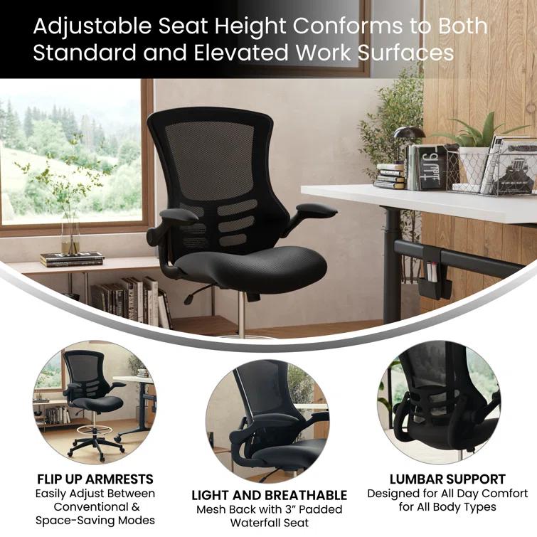 Archimedes Mid-Back Swivel Office Chair with Foot Ring and Flip-Up Arms