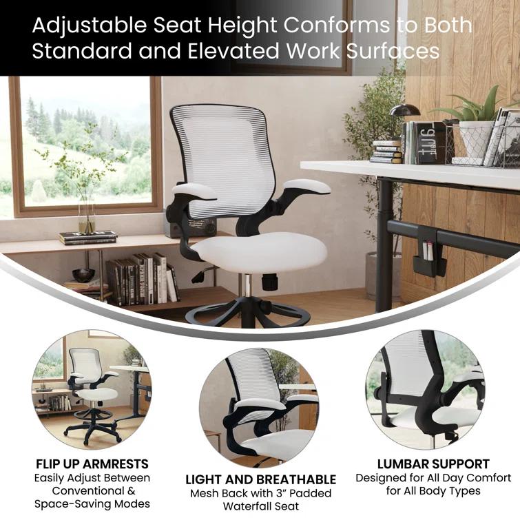 Mid-Back Mesh Ergonomic Drafting Chair with Foot Ring and Flip-Up Arms