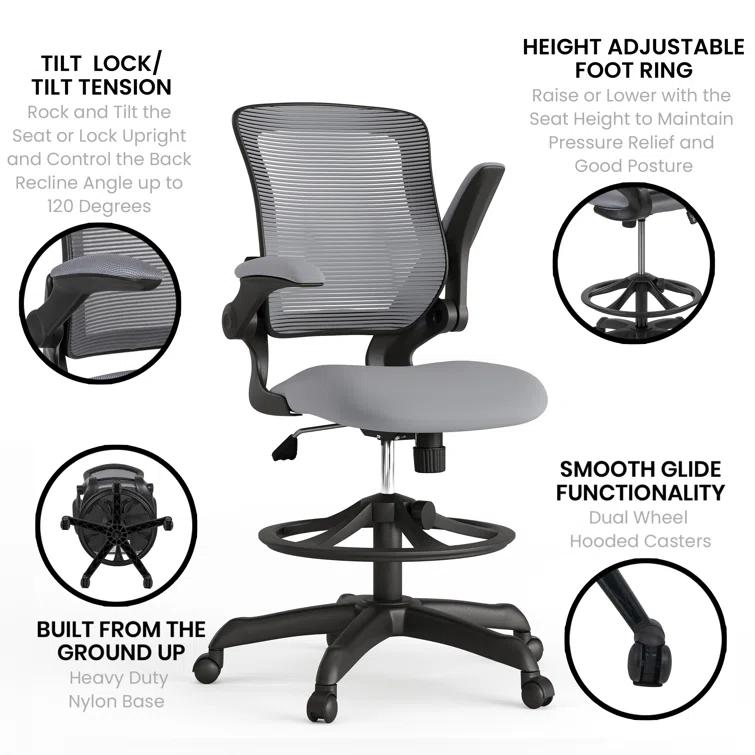 Mid-Back Mesh Ergonomic Drafting Chair with Foot Ring and Flip-Up Arms