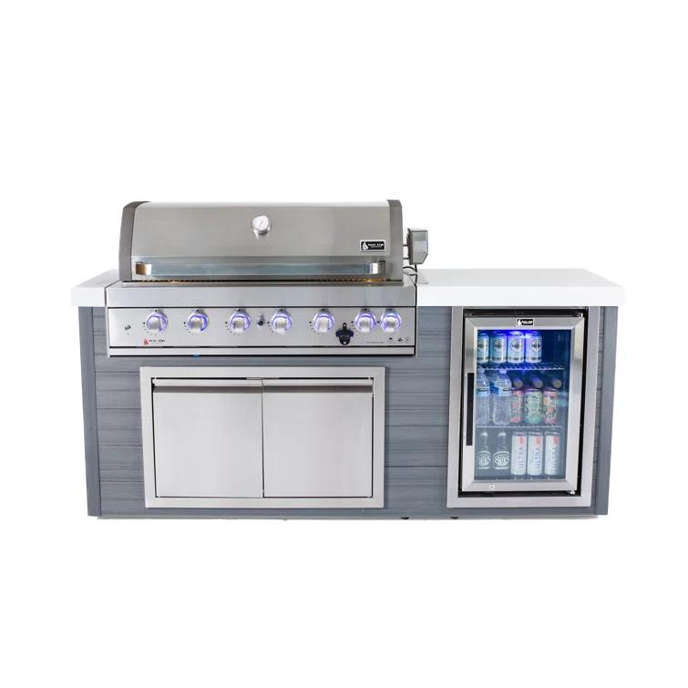 Mont Alpi MA805-AW Artwood Series High Density Polyethylene 6-Burner 87000 BTU Propane Natural Gas Stainless Steel Outdoor Kitchen Island Grill + Granite Countertops + Double Access Doors + Refrigerator