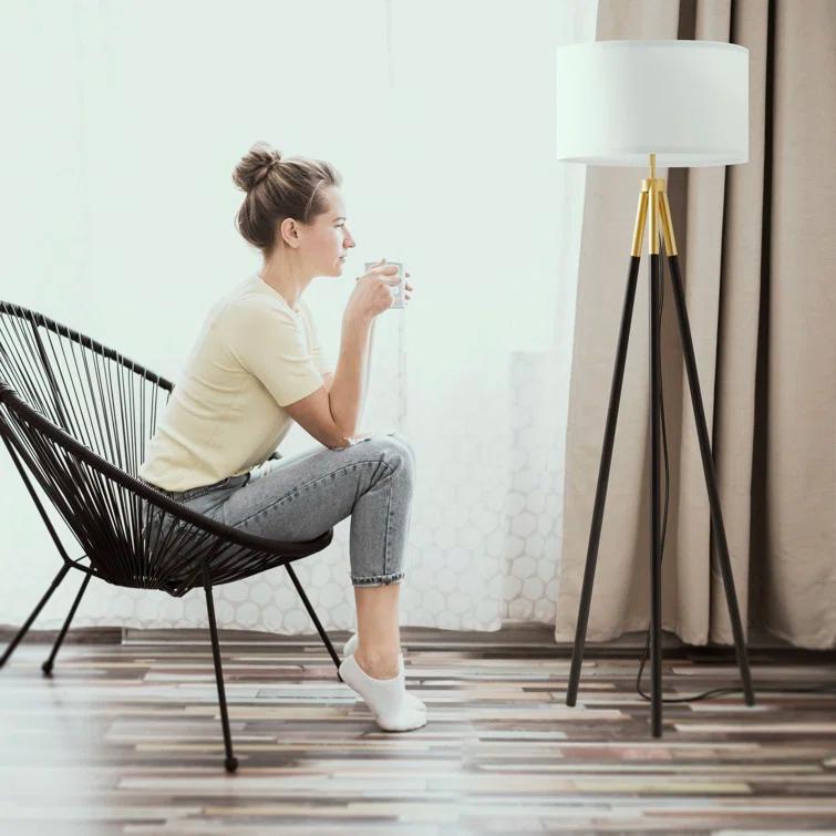 Brightech Levi 61 in. Mid Century Modern Tripod Floor Lamp with Fabric Drum Shade and Gold Finish - LED Bulb Included