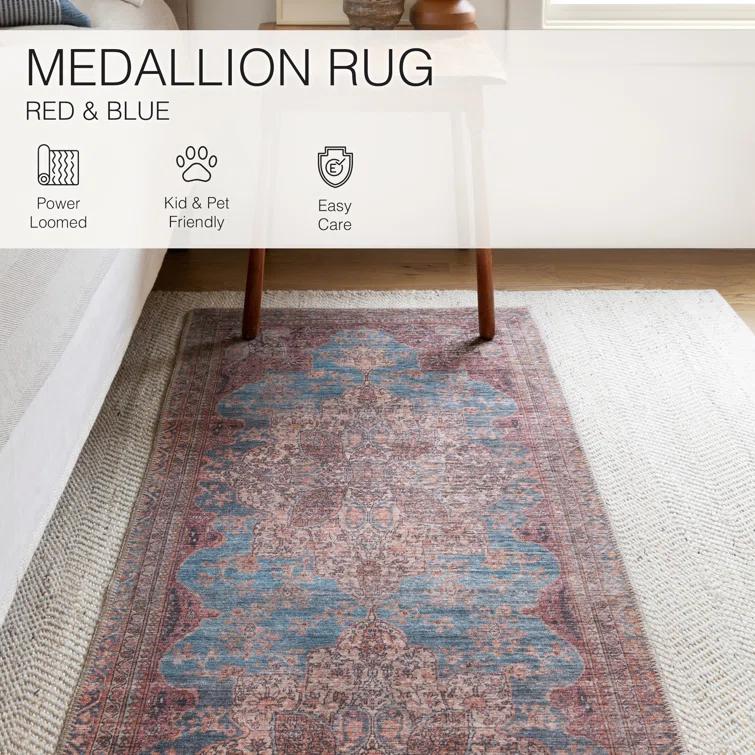 Machine Washable Power Loom Performance Dark Red/Blue Rug