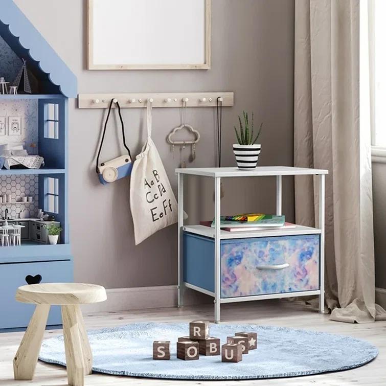 Sorbus 1 Drawer and Shelves Nightstand with Steel Frame, Wood Top & Fabric Bins in Tie Dye & Reviews | Wayfair
