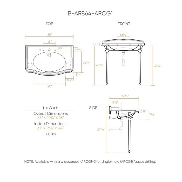 Whitehaus Collection B-AR864-ARCG1 Whitehaus Collection 35" Large Rectangular Wall Mount Console Sink With Front Towel Bar