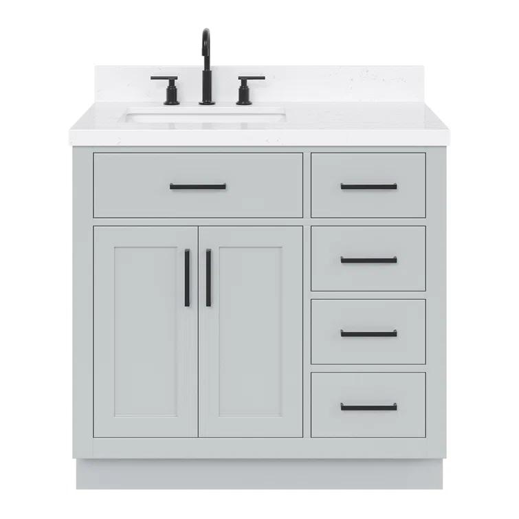 Thornaby 36'' Solid Wood Single Bathroom Vanity with 1.5'' Carrara Quartz Top, Left Offset Oval Sink