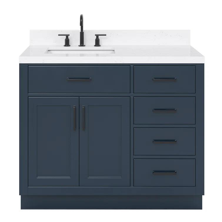 Hokku Designs Thornaby 42'' Solid Wood Single Bathroom Vanity with 1.5'' Carrara Quartz Top, Right Offset Oval Sink