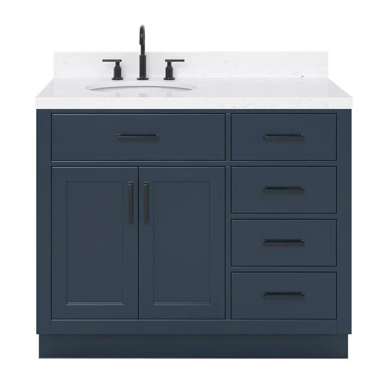 Hokku Designs Thornaby 42'' Solid Wood Single Bathroom Vanity with 1.5'' Carrara Quartz Top, Right Offset Oval Sink