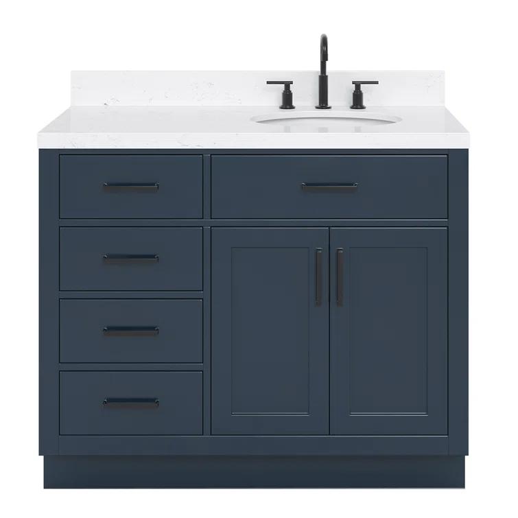 Hokku Designs Thornaby 42'' Solid Wood Single Bathroom Vanity with 1.5'' Carrara Quartz Top, Right Offset Oval Sink
