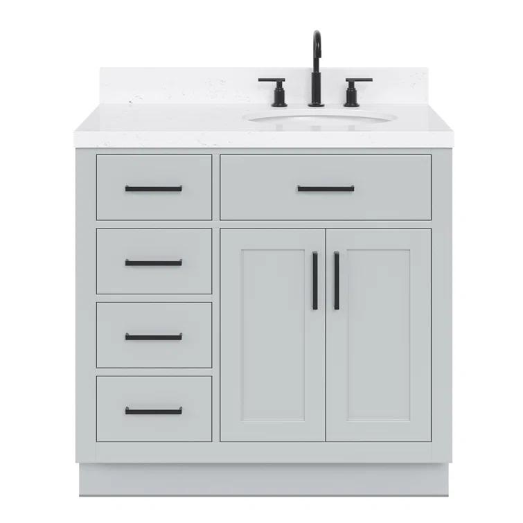 Thornaby 36'' Solid Wood Single Bathroom Vanity with 1.5'' Carrara Quartz Top, Left Offset Oval Sink