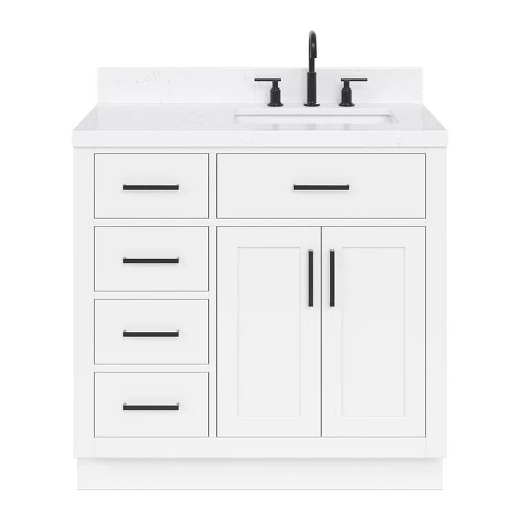 Wildon Home® Tidworth 36'' Solid Wood Single Bathroom Vanity with 1.5'' Carrara Quartz Top, Right Offset Rectangular Sink