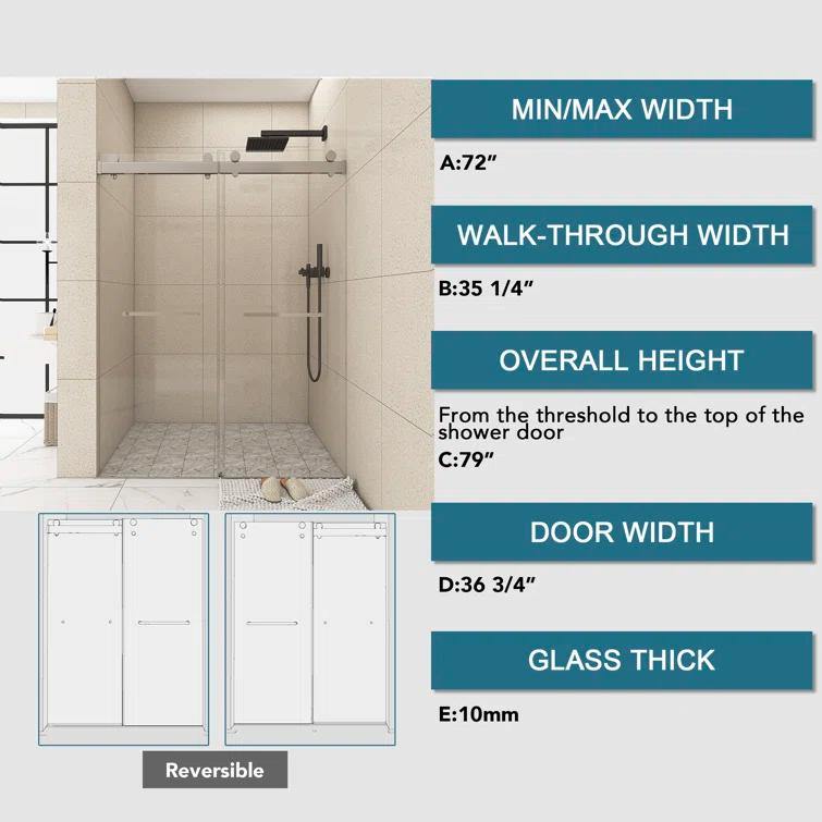 JimsMaison 72" W x 79" H Soft-Closing Double Sliding Frameless Shower Door with Clear Glass JMBGSD03-72BN