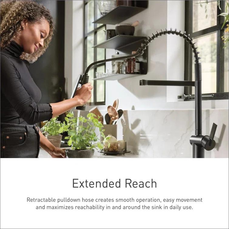 Moen Essie Pre-Rinse Spring Pull Down Single Handle Kitchen Faucet with Power Clean Technology and Soap Dispenser
