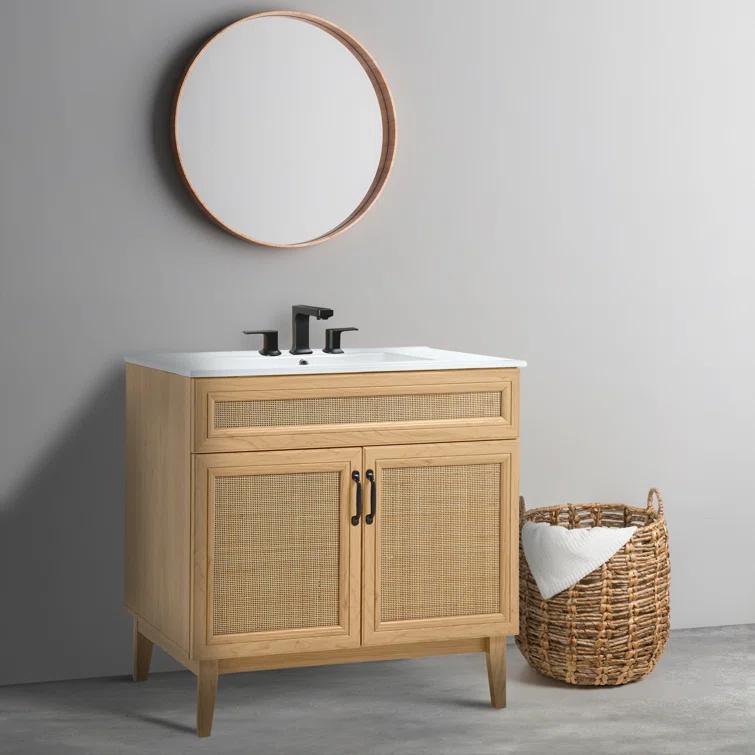 Javer 36" Rattan Modern Farmhouse 2-Shelf Bath Vanity Cabinet Only (Sink Basin not Included)