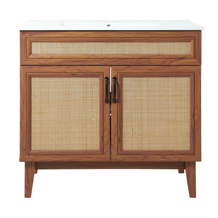 Javer 36" Rattan Modern Farmhouse 2-Shelf Bath Vanity Cabinet Only (Sink Basin not Included)