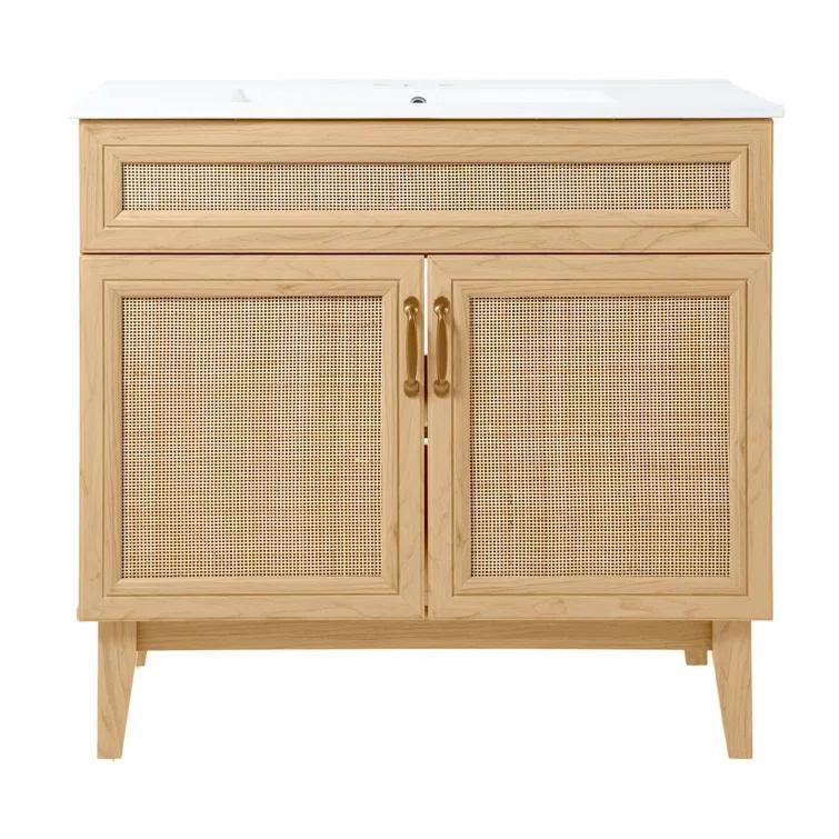 Javer 36" Rattan Modern Farmhouse 2-Shelf Bath Vanity Cabinet Only (Sink Basin not Included)