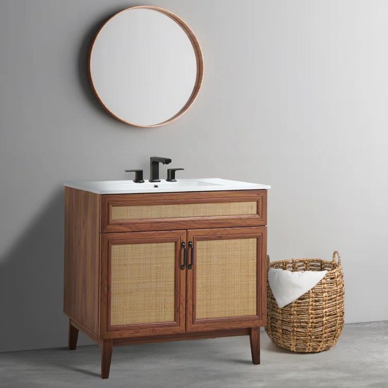 Javer 36" Rattan Modern Farmhouse 2-Shelf Bath Vanity Cabinet Only (Sink Basin not Included)