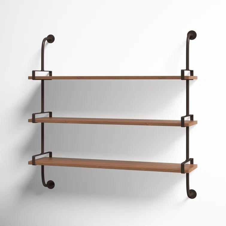 Wood 3 Level Wall Shelf with Black Metal Brackets