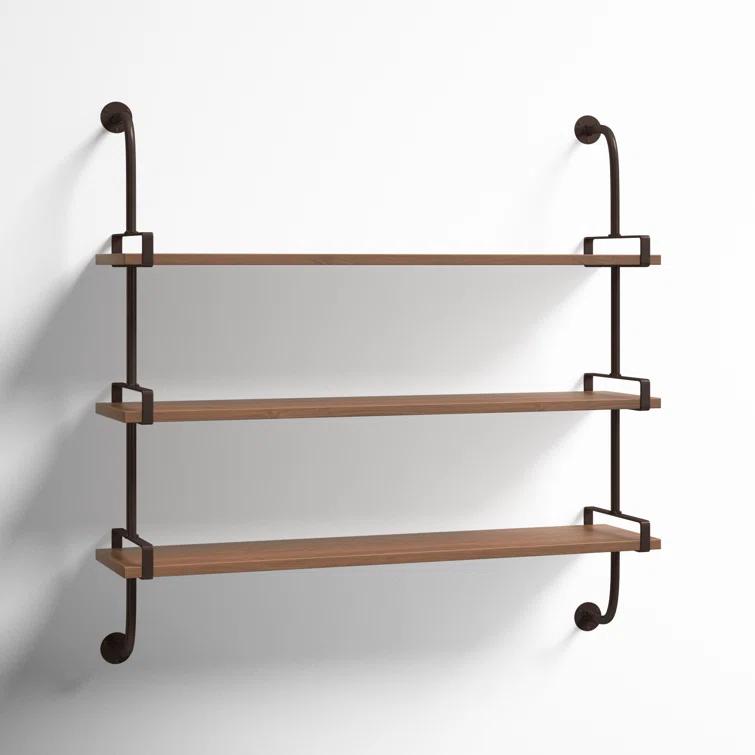 Wood 3 Level Wall Shelf with Black Metal Brackets
