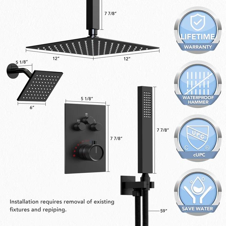 Thermostatic Shower Faucet 12" High-Pressure Dual Showerheads with Rough-In Valve