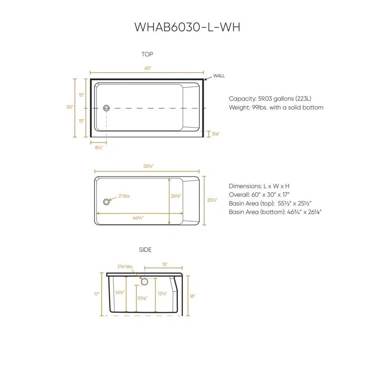 Whitehaus Collection 60" x 30" Alcove Soaking Bathtubs With Drain Hole Options