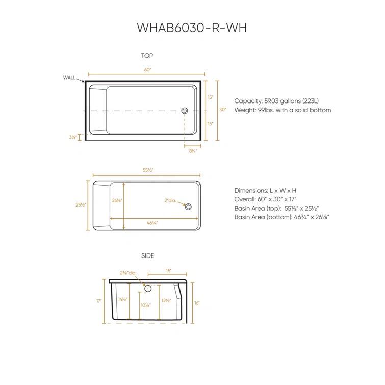 Whitehaus Collection WHAB6030-R-WH Whitehaus Collection 60" x 30" Alcove Soaking Bathtubs With Drain Hole Options