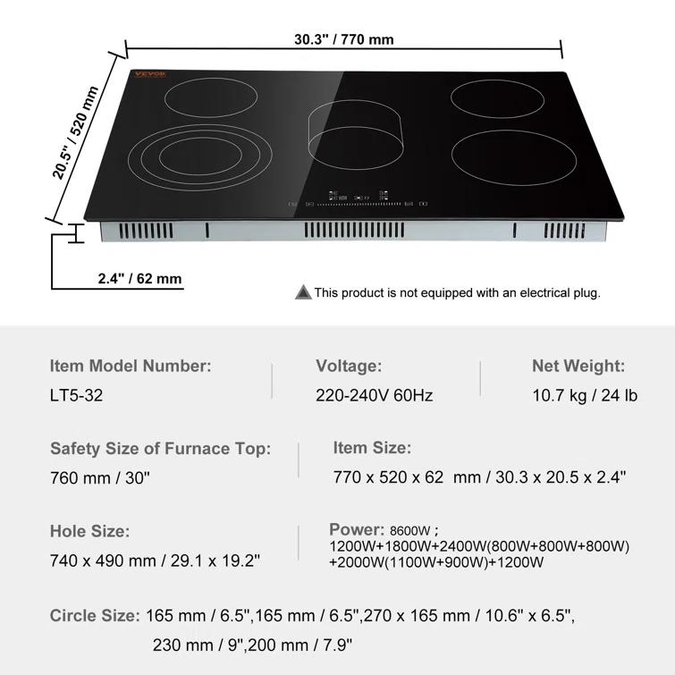 VEVOR 30" Black Electric 5 Burner Cooktop with Dual Size Power Burner
