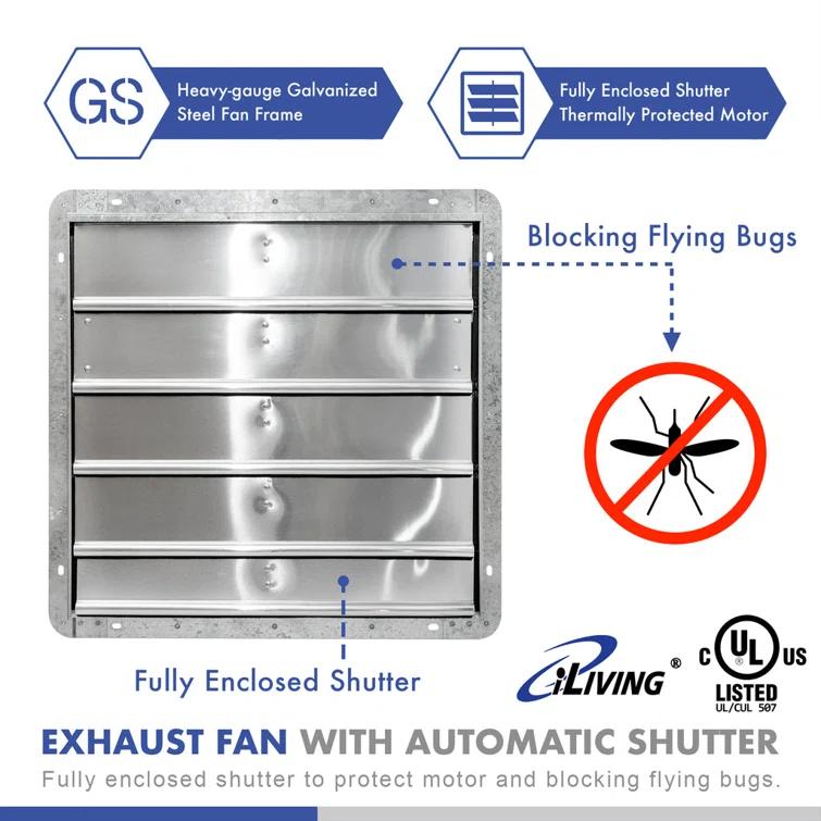 iLIVING ILG8SF20V-ST 20" Wall Mounted Shutter Exhaust Fan, Automatic Shutter, with Thermostat and Variable Speed controller, 2.2A, 3368 CFM, 5000 SQF Coverage Area Silver