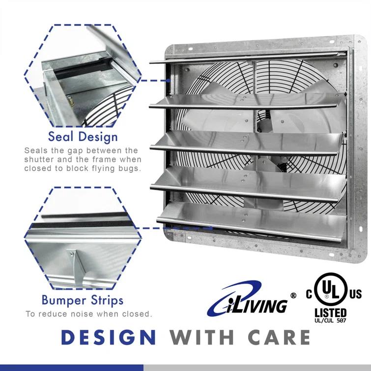 iLIVING ILG8SF20V-ST 20" Wall Mounted Shutter Exhaust Fan, Automatic Shutter, with Thermostat and Variable Speed controller, 2.2A, 3368 CFM, 5000 SQF Coverage Area Silver
