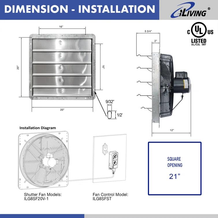 iLIVING ILG8SF20V-ST 20" Wall Mounted Shutter Exhaust Fan, Automatic Shutter, with Thermostat and Variable Speed controller, 2.2A, 3368 CFM, 5000 SQF Coverage Area Silver