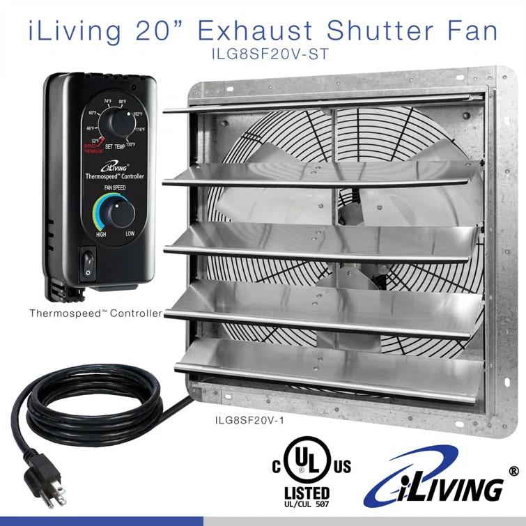 iLIVING ILG8SF20V-ST 20" Wall Mounted Shutter Exhaust Fan, Automatic Shutter, with Thermostat and Variable Speed controller, 2.2A, 3368 CFM, 5000 SQF Coverage Area Silver
