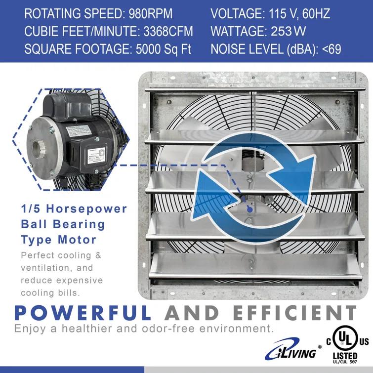 iLIVING ILG8SF20V-ST 20" Wall Mounted Shutter Exhaust Fan, Automatic Shutter, with Thermostat and Variable Speed controller, 2.2A, 3368 CFM, 5000 SQF Coverage Area Silver