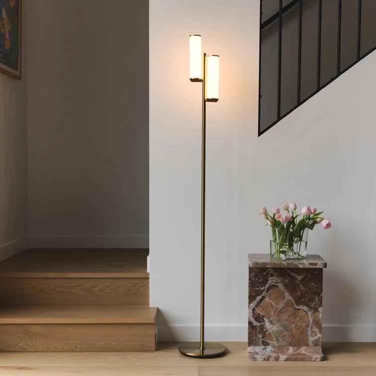 Brightech Gemini 64 in. Industrial 2-Light 3-Way Dimming LED Floor Lamp with 2 Glass Cylinder Shades