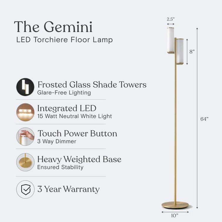 Brightech Gemini 64 in. Industrial 2-Light 3-Way Dimming LED Floor Lamp with 2 Glass Cylinder Shades