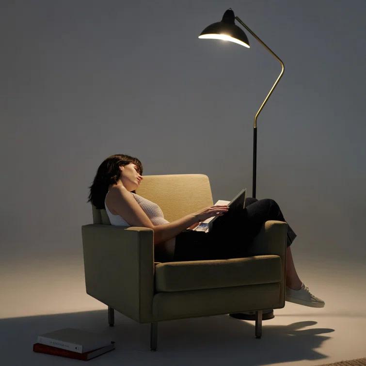 Brightech Swoop 69 in. Mid Century Modern Adjustable Curved Black Standing Lamp with Metal Bowl Shade and Gold Finish - LED Bulb Included