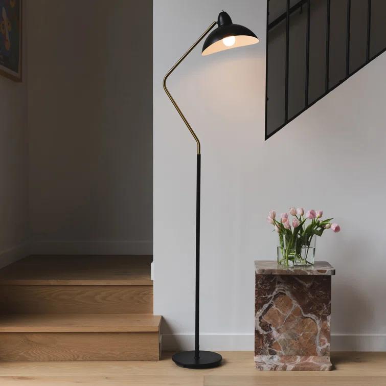 Brightech Swoop 69 in. Mid Century Modern Adjustable Curved Black Standing Lamp with Metal Bowl Shade and Gold Finish - LED Bulb Included