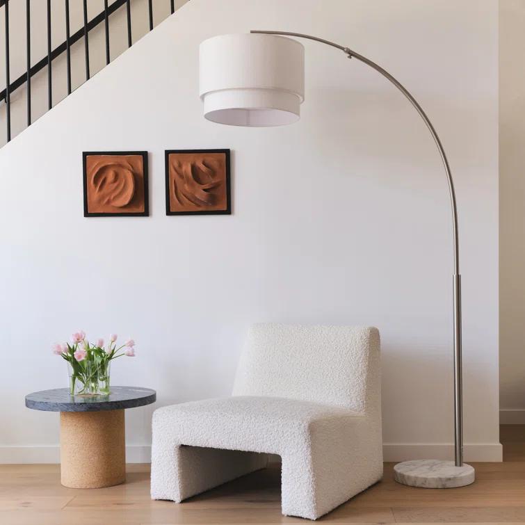 Mason 81 in. Modern Adjustable LED Arched Standing Floor Lamp with Fabric Drum Shade and Weighted Marble Base
