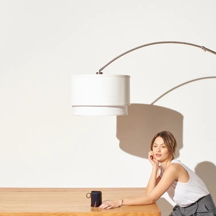 Mason 81 in. Modern Adjustable LED Arched Standing Floor Lamp with Fabric Drum Shade and Weighted Marble Base