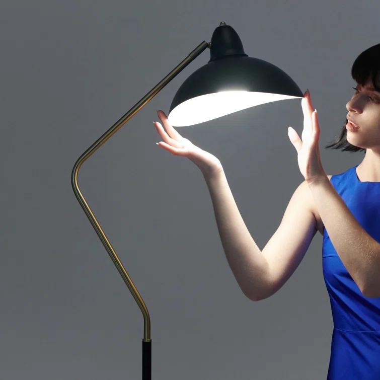 Brightech Swoop 69 in. Mid Century Modern Adjustable Curved Black Standing Lamp with Metal Bowl Shade and Gold Finish - LED Bulb Included