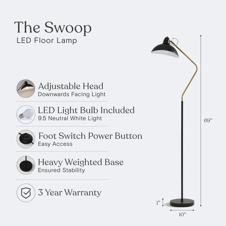 Brightech Swoop 69 in. Mid Century Modern Adjustable Curved Black Standing Lamp with Metal Bowl Shade and Gold Finish - LED Bulb Included