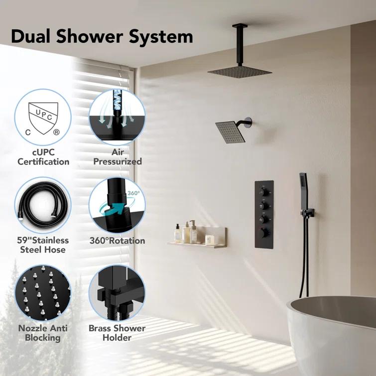 Thermostatic Shower Faucet System,16" & 6" Dual Shower Head with Rough-In Valve