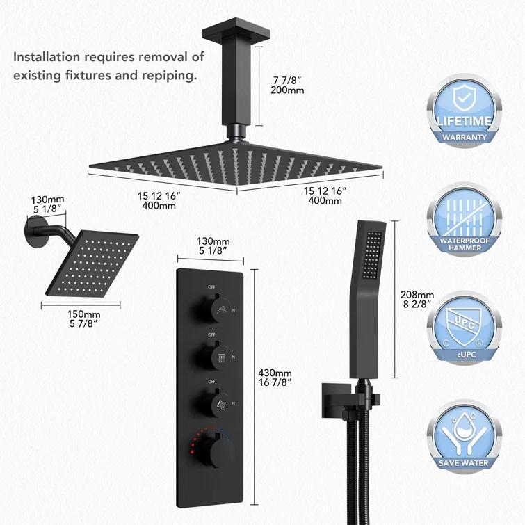Thermostatic Shower Faucet System,16" & 6" Dual Shower Head with Rough-In Valve