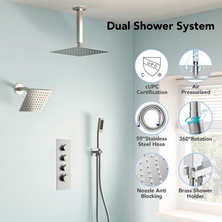 Thermostatic Shower Faucet System,16" & 6" Dual Shower Head with Rough-In Valve