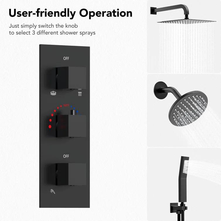 Thermostatic Dual Shower System 12" Rainfall Shower Head with Rough-in Valve