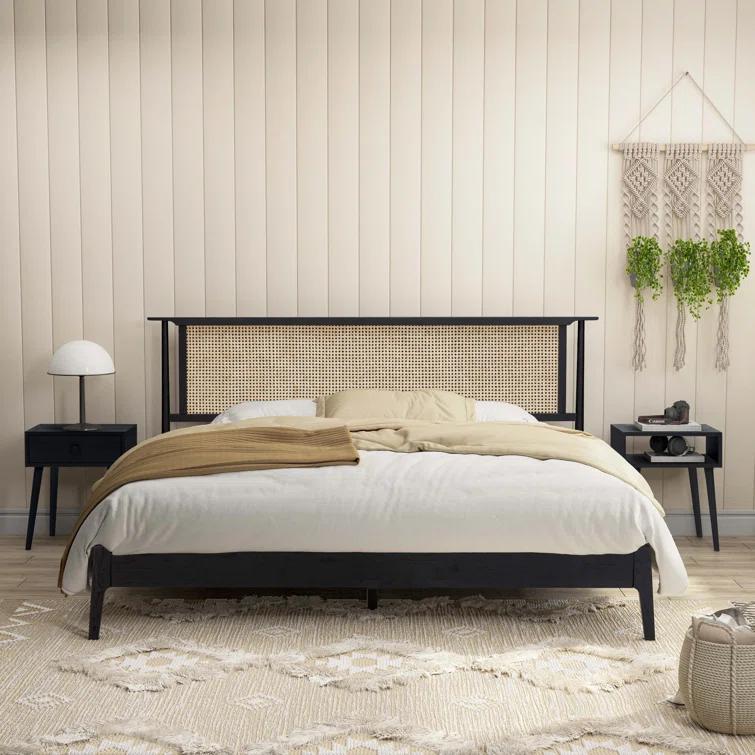 Ruby Wooden Bed Frame With Headboard And Natural Rattan, 1000 Lb Capacity